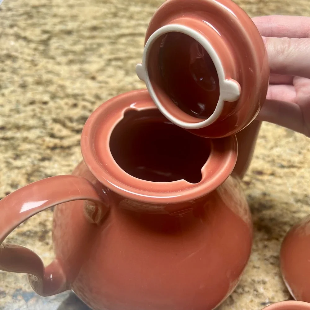 Vintage Terracotta Ceramic Teapot and 4 Mug Tea Set Glossy Coral‎ Rust